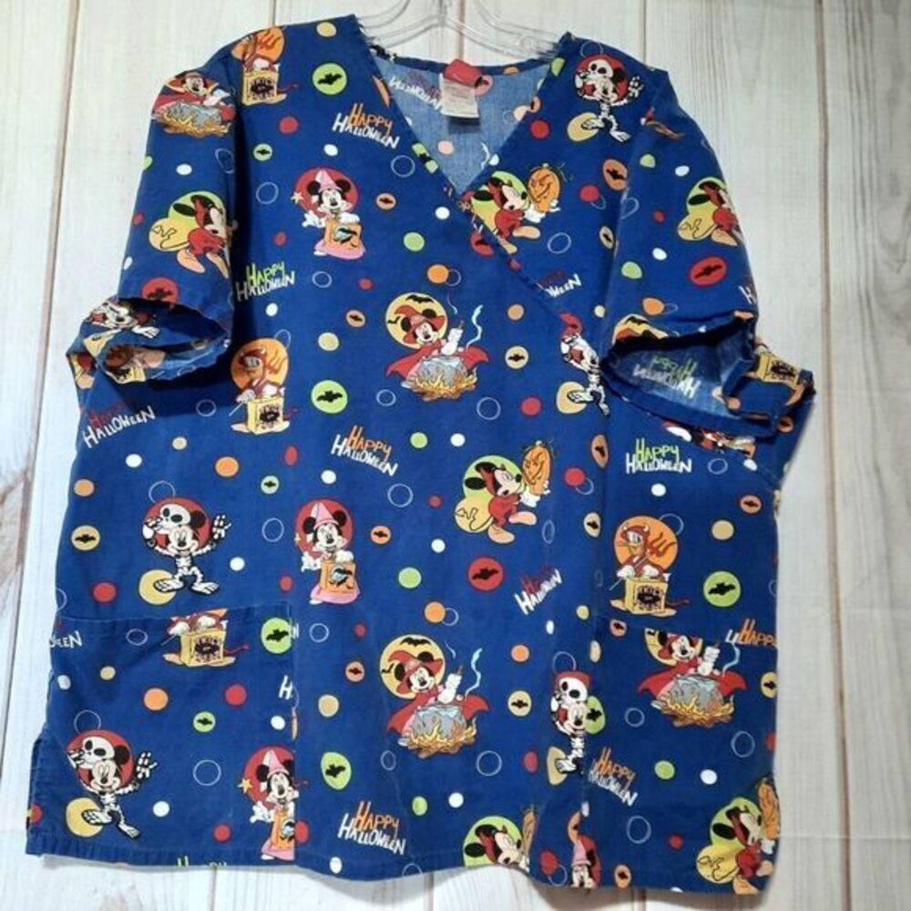 Disney Mickey Mouse Halloween Scrub Top Womens 2XL Blue Mock Wrap V-Neck Cotton